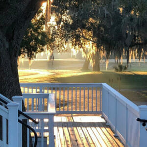 Outdoor porch with large yard and trees